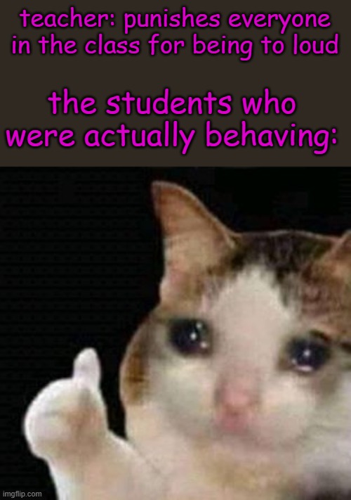 all ways happen to me | teacher: punishes everyone in the class for being to loud; the students who were actually behaving: | image tagged in sad thumbs up cat,school memes,behavior,teachers,funy,mems | made w/ Imgflip meme maker