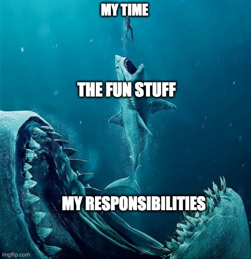 always a bigger shark | MY TIME; THE FUN STUFF; MY RESPONSIBILITIES | image tagged in always a bigger shark | made w/ Imgflip meme maker
