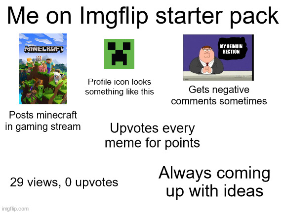 This is me just joking around, OK? | Me on Imgflip starter pack; Profile icon looks something like this; Gets negative comments sometimes; Posts minecraft in gaming stream; Upvotes every meme for points; Always coming up with ideas; 29 views, 0 upvotes | image tagged in blank white template,starter pack | made w/ Imgflip meme maker