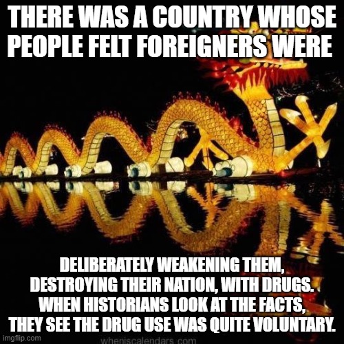 Chinese Dragon | THERE WAS A COUNTRY WHOSE PEOPLE FELT FOREIGNERS WERE; DELIBERATELY WEAKENING THEM, DESTROYING THEIR NATION, WITH DRUGS. WHEN HISTORIANS LOOK AT THE FACTS, THEY SEE THE DRUG USE WAS QUITE VOLUNTARY. | image tagged in chinese dragon | made w/ Imgflip meme maker