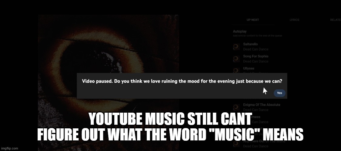 YTM: Album cover? nah thats a video for sure.. | YOUTUBE MUSIC STILL CANT FIGURE OUT WHAT THE WORD "MUSIC" MEANS | image tagged in fun | made w/ Imgflip meme maker