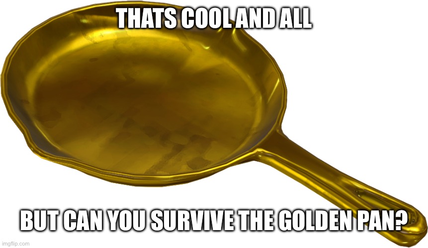 Golden Frying Pan | THATS COOL AND ALL BUT CAN YOU SURVIVE THE GOLDEN PAN? | image tagged in golden frying pan | made w/ Imgflip meme maker