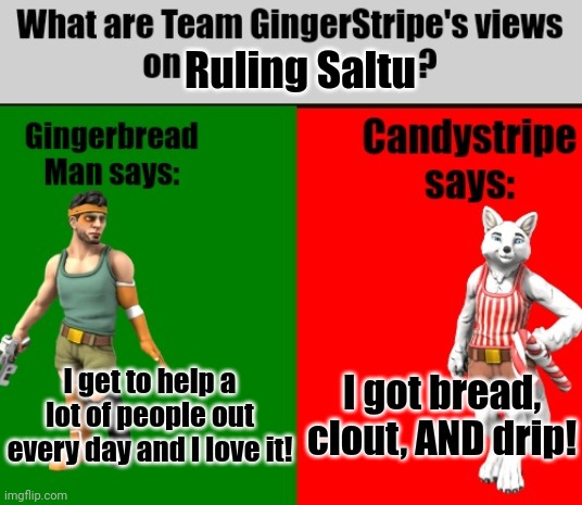 New template, link in comments | Ruling Saltu; I get to help a lot of people out every day and I love it! I got bread, clout, AND drip! | image tagged in team gingerstripe's views | made w/ Imgflip meme maker