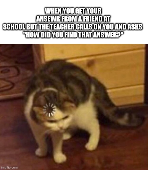 Oh sh... | WHEN YOU GET YOUR ANSEWR FROM A FRIEND AT SCHOOL BUT THE TEACHER CALLS ON YOU AND ASKS 
"HOW DID YOU FIND THAT ANSWER?" | image tagged in thinking cat,teacher | made w/ Imgflip meme maker
