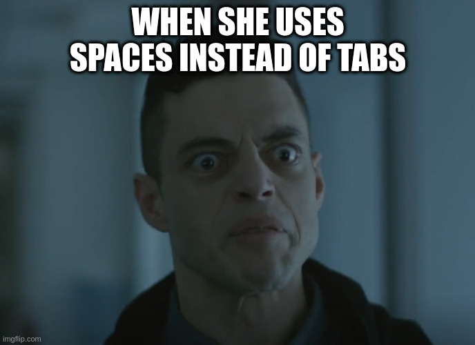 Spaces instead of tabs | WHEN SHE USES SPACES INSTEAD OF TABS | image tagged in suprized face | made w/ Imgflip meme maker