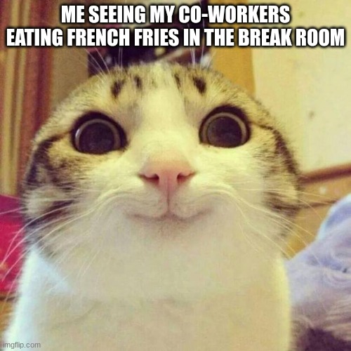 Always finish your food quickly | ME SEEING MY CO-WORKERS EATING FRENCH FRIES IN THE BREAK ROOM | image tagged in memes,smiling cat | made w/ Imgflip meme maker