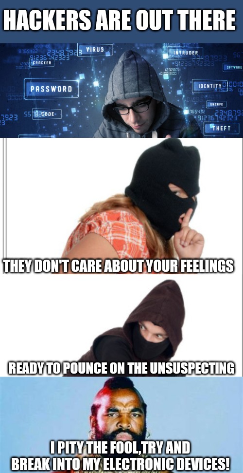 HACKERS ARE OUT THERE; THEY DON'T CARE ABOUT YOUR FEELINGS; READY TO POUNCE ON THE UNSUSPECTING; I PITY THE FOOL,TRY AND BREAK INTO MY ELECTRONIC DEVICES! | made w/ Imgflip meme maker