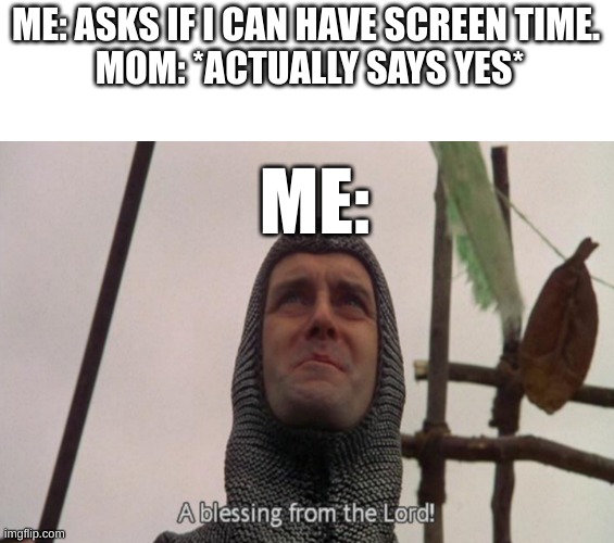 This almost never happens | ME: ASKS IF I CAN HAVE SCREEN TIME.
 MOM: *ACTUALLY SAYS YES*; ME: | image tagged in a blessing from the lord,moms,video games | made w/ Imgflip meme maker