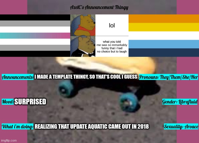 update template thingy | I MADE A TEMPLATE THINGY, SO THAT'S COOL I GUESS; SURPRISED; REALIZING THAT UPDATE AQUATIC CAME OUT IN 2018 | image tagged in lgbtq,minecraft | made w/ Imgflip meme maker