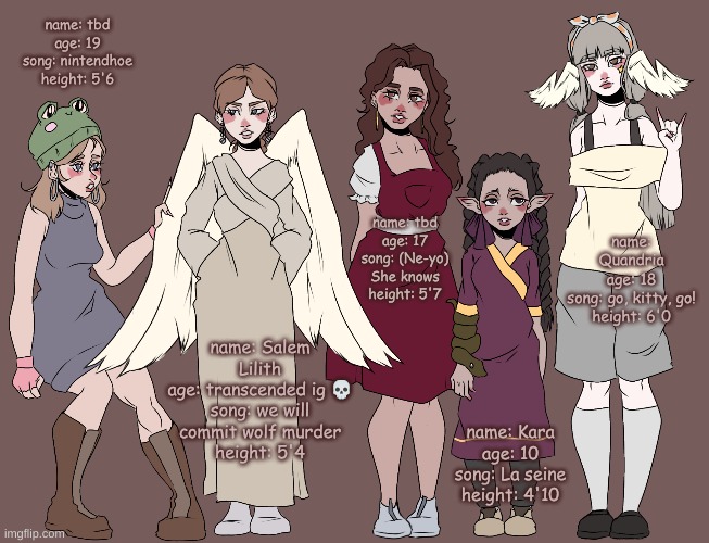 lets gooo quandria is back | name: tbd
age: 19
song: nintendhoe
height: 5'6; name: tbd
age: 17
song: (Ne-yo) She knows
height: 5'7; name: Quandria
age: 18
song: go, kitty, go!
height: 6'0; name: Salem Lilith
age: transcended ig 💀
song: we will commit wolf murder
height: 5'4; name: Kara
age: 10
song: La seine
height: 4'10 | made w/ Imgflip meme maker