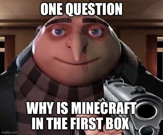 Gru Gun | ONE QUESTION WHY IS MINECRAFT IN THE FIRST BOX | image tagged in gru gun | made w/ Imgflip meme maker