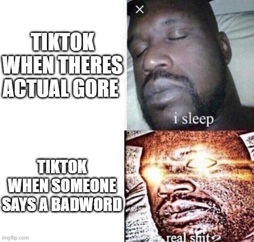i sleep real shit | TIKTOK WHEN THERES ACTUAL GORE; TIKTOK WHEN SOMEONE SAYS A BADWORD | image tagged in i sleep real shit | made w/ Imgflip meme maker