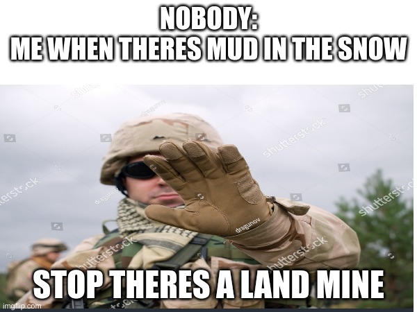 mud mines | NOBODY:
ME WHEN THERES MUD IN THE SNOW; STOP THERES A LAND MINE | image tagged in army man,mud,snow,landmine | made w/ Imgflip meme maker