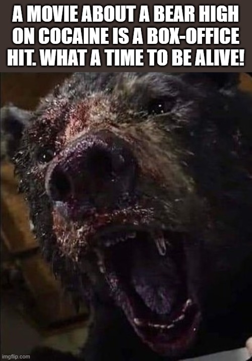 Cocaine Bear Meme | A MOVIE ABOUT A BEAR HIGH ON COCAINE IS A BOX-OFFICE HIT. WHAT A TIME TO BE ALIVE! | image tagged in cocaine bear,bear,cocaine,movie,funny,memes | made w/ Imgflip meme maker