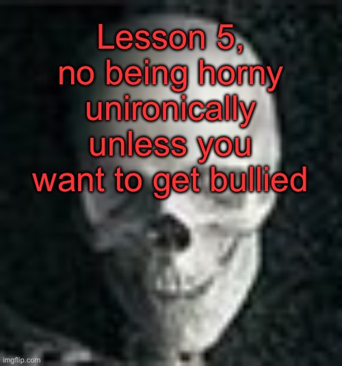 . | Lesson 5, no being horny unironically unless you want to get bullied | image tagged in skull | made w/ Imgflip meme maker