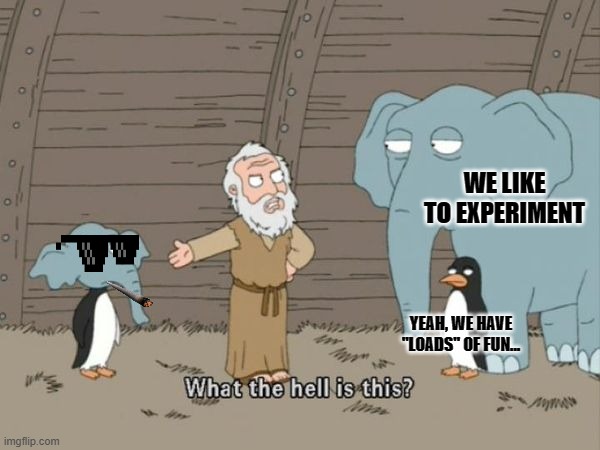 Eleguin | WE LIKE TO EXPERIMENT; YEAH, WE HAVE "LOADS" OF FUN... | image tagged in noah's ark,family guy,what the hell is this,penguin,elephant | made w/ Imgflip meme maker