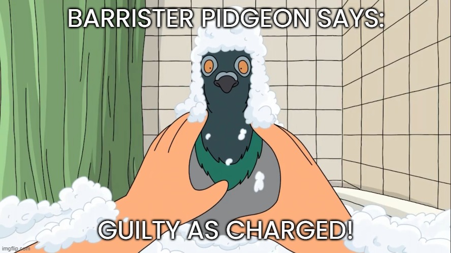 Barrister pidgeon | BARRISTER PIDGEON SAYS:; GUILTY AS CHARGED! | image tagged in bob's burgers,barrister,pidgeon | made w/ Imgflip meme maker
