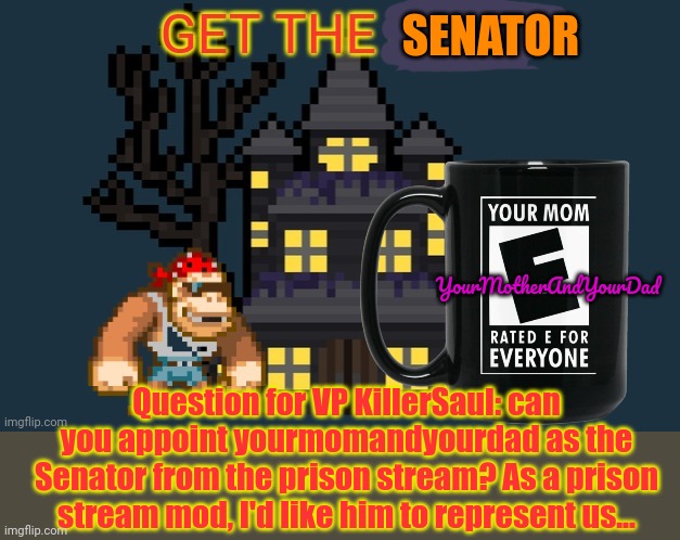 Can we appoint Yourmom to the Senate? | SENATOR; YourMotherAndYourDad; Question for VP KillerSaul: can you appoint yourmomandyourdad as the Senator from the prison stream? As a prison stream mod, I'd like him to represent us... | image tagged in surlykong announcement,senate,i am the senate,stop it get some help | made w/ Imgflip meme maker