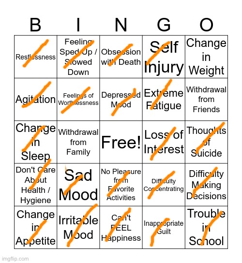 Idk is this bad or not? | image tagged in depression bingo 1,depression,sadness,bingo | made w/ Imgflip meme maker