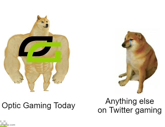 Optic gaming | Optic Gaming Today; Anything else on Twitter gaming | image tagged in memes,buff doge vs cheems | made w/ Imgflip meme maker