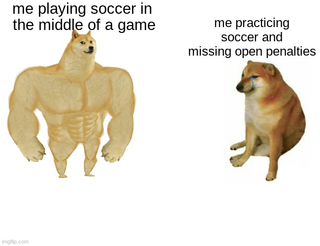 soccer | me playing soccer in 
the middle of a game; me practicing soccer and missing open penalties | image tagged in memes,buff doge vs cheems | made w/ Imgflip meme maker