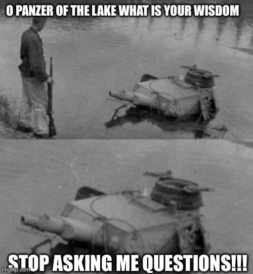 Panzer of the deep | O PANZER OF THE LAKE WHAT IS YOUR WISDOM; STOP ASKING ME QUESTIONS!!! | image tagged in panzer of the deep | made w/ Imgflip meme maker