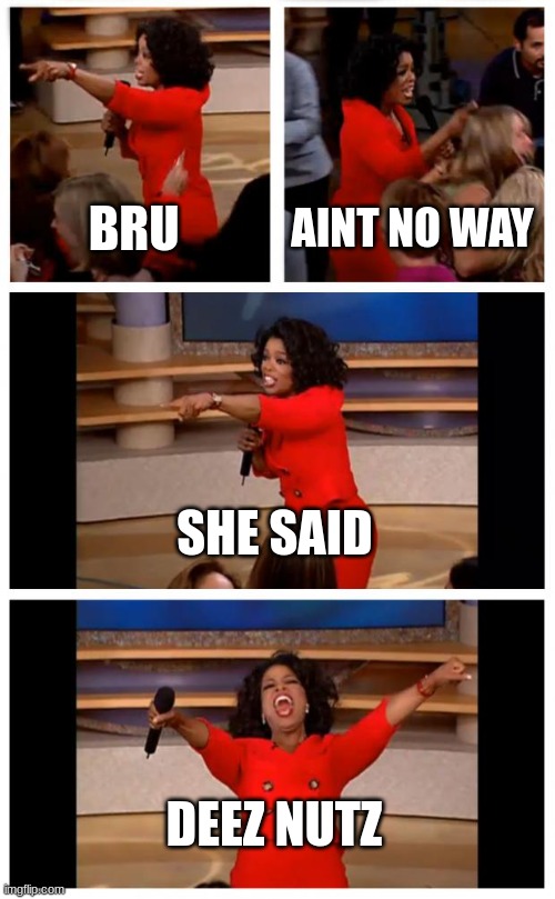 Oprah You Get A Car Everybody Gets A Car Meme | BRU; AINT NO WAY; SHE SAID; DEEZ NUTZ | image tagged in memes,oprah you get a car everybody gets a car | made w/ Imgflip meme maker