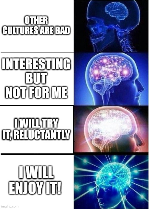 Expanding Brain Meme | OTHER CULTURES ARE BAD INTERESTING BUT NOT FOR ME I WILL TRY IT, RELUCTANTLY I WILL ENJOY IT! | image tagged in memes,expanding brain | made w/ Imgflip meme maker