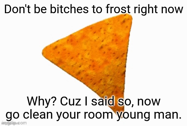 Right now, remember that. | Don't be bitches to frost right now; Why? Cuz I said so, now go clean your room young man. | made w/ Imgflip meme maker