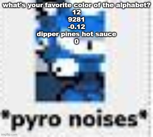 *pyro noises* | what's your favorite color of the alphabet?
12
9281
-0.12
dipper pines hot sauce
0 | image tagged in pyro noises | made w/ Imgflip meme maker