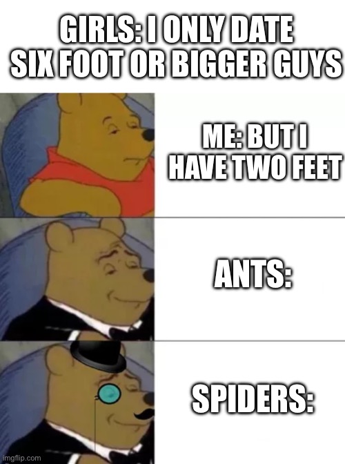 Dumb | GIRLS: I ONLY DATE SIX FOOT OR BIGGER GUYS; ME: BUT I HAVE TWO FEET; ANTS:; SPIDERS: | image tagged in fancy pooh | made w/ Imgflip meme maker