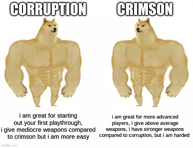 terraria evils be like | CORRUPTION; CRIMSON; i am great for starting out your first playthrough, i give mediocre weapons compared to crimson but i am more easy; i am great for more advanced players, i give above average weapons, i have stronger weapons compared to corruption, but i am harded | image tagged in buff doge vs buff doge | made w/ Imgflip meme maker