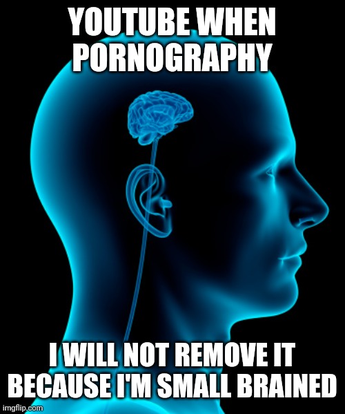 small brain | YOUTUBE WHEN PORNOGRAPHY I WILL NOT REMOVE IT BECAUSE I'M SMALL BRAINED | image tagged in small brain,youtube | made w/ Imgflip meme maker