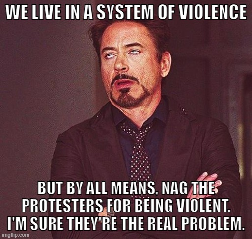 All forms of protest are valid. |  WE LIVE IN A SYSTEM OF VIOLENCE; BUT BY ALL MEANS, NAG THE PROTESTERS FOR BEING VIOLENT. I'M SURE THEY'RE THE REAL PROBLEM. | image tagged in robert downey jr annoyed,protest,riot,antifa,blm,conservative logic | made w/ Imgflip meme maker