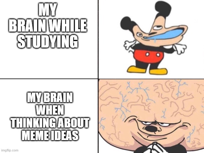Big Brain Mickey | MY BRAIN WHILE STUDYING; MY BRAIN WHEN THINKING ABOUT MEME IDEAS | image tagged in big brain mickey | made w/ Imgflip meme maker