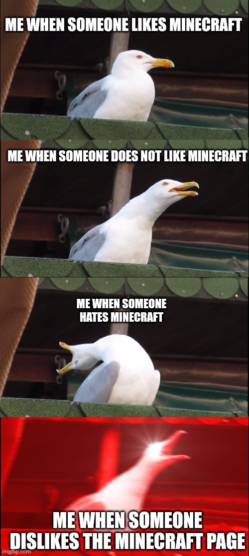 How Minecraft players feel | ME WHEN SOMEONE LIKES MINECRAFT; ME WHEN SOMEONE DOES NOT LIKE MINECRAFT; ME WHEN SOMEONE HATES MINECRAFT; ME WHEN SOMEONE DISLIKES THE MINECRAFT PAGE | image tagged in memes,inhaling seagull | made w/ Imgflip meme maker