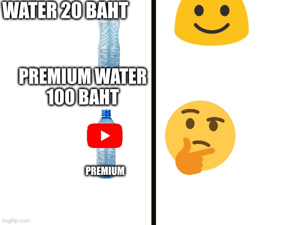Premium water | WATER 20 BAHT; PREMIUM WATER
100 BAHT; PREMIUM | image tagged in water | made w/ Imgflip meme maker