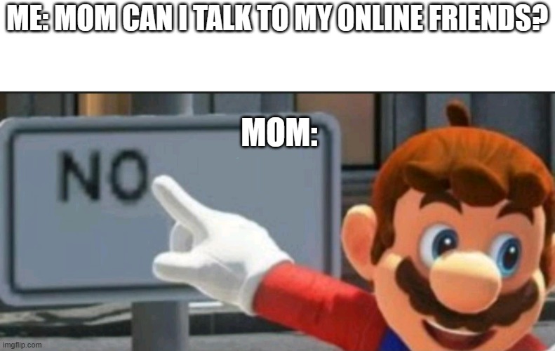 Mom be like: | ME: MOM CAN I TALK TO MY ONLINE FRIENDS? MOM: | image tagged in mario points at a no sign | made w/ Imgflip meme maker