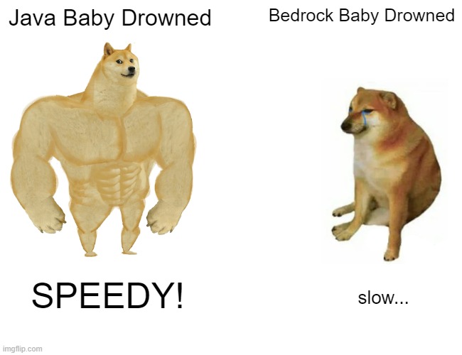 Bedrock Baby Drowneds is still stronger than the land ones though... | Java Baby Drowned; Bedrock Baby Drowned; SPEEDY! slow... | image tagged in memes,buff doge vs cheems | made w/ Imgflip meme maker