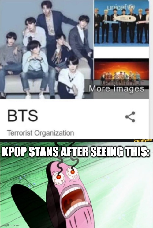 KPOP STANS AFTER SEEING THIS: | image tagged in bts terrorist organization,spongebob my eyes,kpop,bts,kpop stans | made w/ Imgflip meme maker
