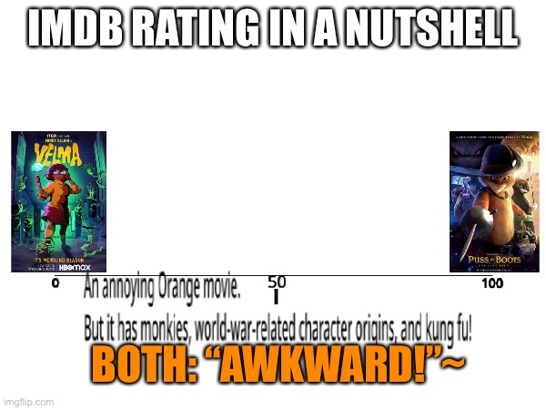 An Annoying Orange Movie, but it has monkies, world-war-related character origins, and kung fu part 4: IMDB Rating in a nutshell | IMDB RATING IN A NUTSHELL; BOTH: “AWKWARD!”~ | image tagged in annoying orange,velma,puss in boots,imdb,dreamworks,hbo | made w/ Imgflip meme maker