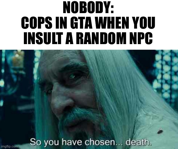 Shoot first, ask later | NOBODY:
COPS IN GTA WHEN YOU INSULT A RANDOM NPC | image tagged in so you have chosen death,memes,funny,funny memes,gta,gaming | made w/ Imgflip meme maker