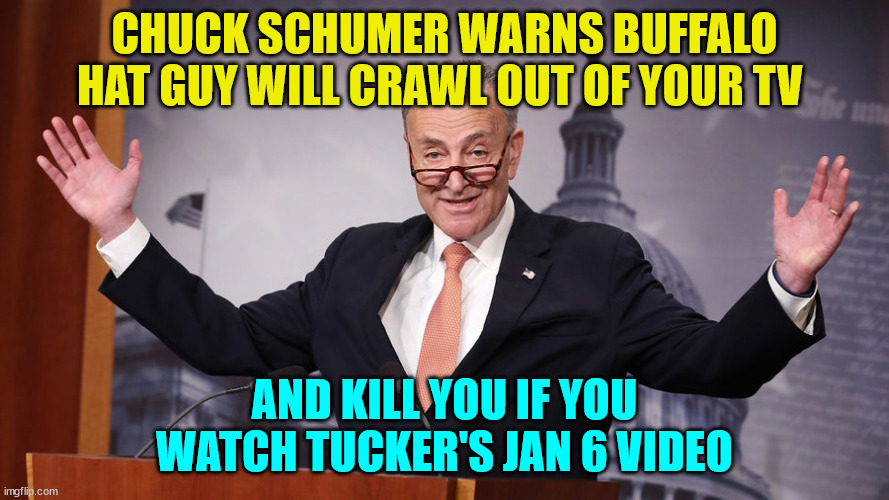 Chucky is afraid you will learn the truth | CHUCK SCHUMER WARNS BUFFALO HAT GUY WILL CRAWL OUT OF YOUR TV; AND KILL YOU IF YOU WATCH TUCKER'S JAN 6 VIDEO | image tagged in chuck schumer,lies | made w/ Imgflip meme maker