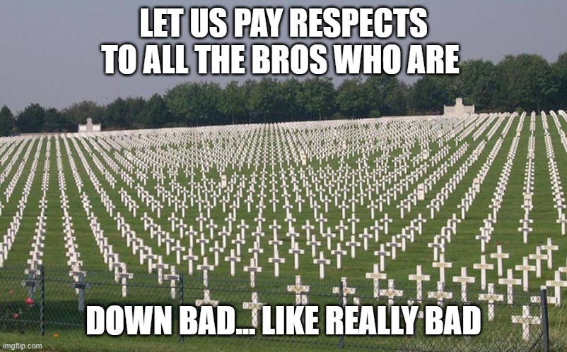 ww2 graves | LET US PAY RESPECTS TO ALL THE BROS WHO ARE; DOWN BAD... LIKE REALLY BAD | image tagged in ww2 graves | made w/ Imgflip meme maker