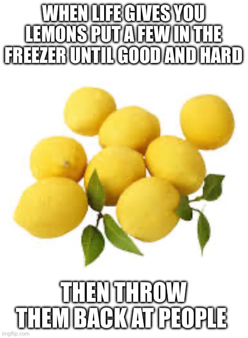 Life gives you lemons | WHEN LIFE GIVES YOU LEMONS PUT A FEW IN THE FREEZER UNTIL GOOD AND HARD; THEN THROW THEM BACK AT PEOPLE | image tagged in funny memes,funny,memes,lemons | made w/ Imgflip meme maker