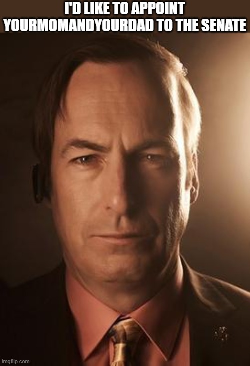 Saul Goodman | I'D LIKE TO APPOINT YOURMOMANDYOURDAD TO THE SENATE | image tagged in saul goodman | made w/ Imgflip meme maker