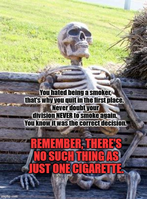 quit smoking | You hated being a smoker, that's why you quit in the first place.  
Never doubt your division NEVER to smoke again. 
You know it was the correct decision. REMEMBER, THERE'S NO SUCH THING AS JUST ONE CIGARETTE. | image tagged in memes,waiting skeleton | made w/ Imgflip meme maker