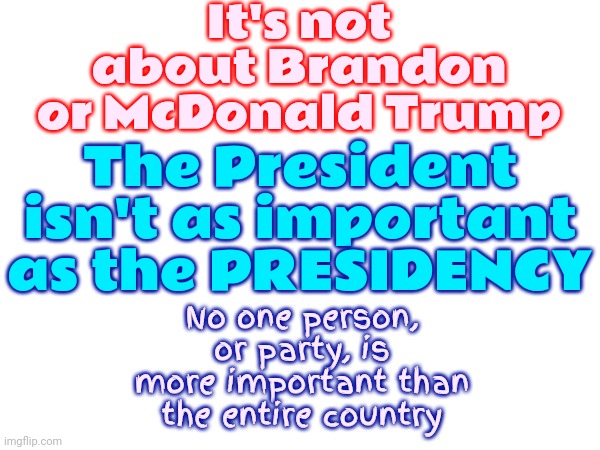 I Am Just As Important As McDonald And Brandon | It's not about Brandon or McDonald Trump; The President isn't as important as the PRESIDENCY; No one person, or party, is more important than the entire country | image tagged in memes,this isn't a joke,this is people's lives,lock him up,scumbag republicans,it's not about you | made w/ Imgflip meme maker