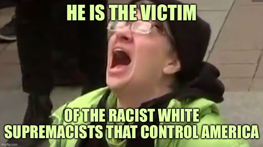 Screaming Liberal  | HE IS THE VICTIM OF THE RACIST WHITE SUPREMACISTS THAT CONTROL AMERICA | image tagged in screaming liberal | made w/ Imgflip meme maker