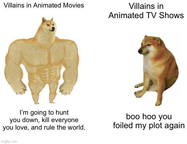 Buff Doge vs. Cheems Meme | Villains in Animated Movies; Villains in Animated TV Shows; I’m going to hunt you down, kill everyone you love, and rule the world. boo hoo you foiled my plot again | image tagged in memes,buff doge vs cheems,funny,funny memes,animation,villains | made w/ Imgflip meme maker